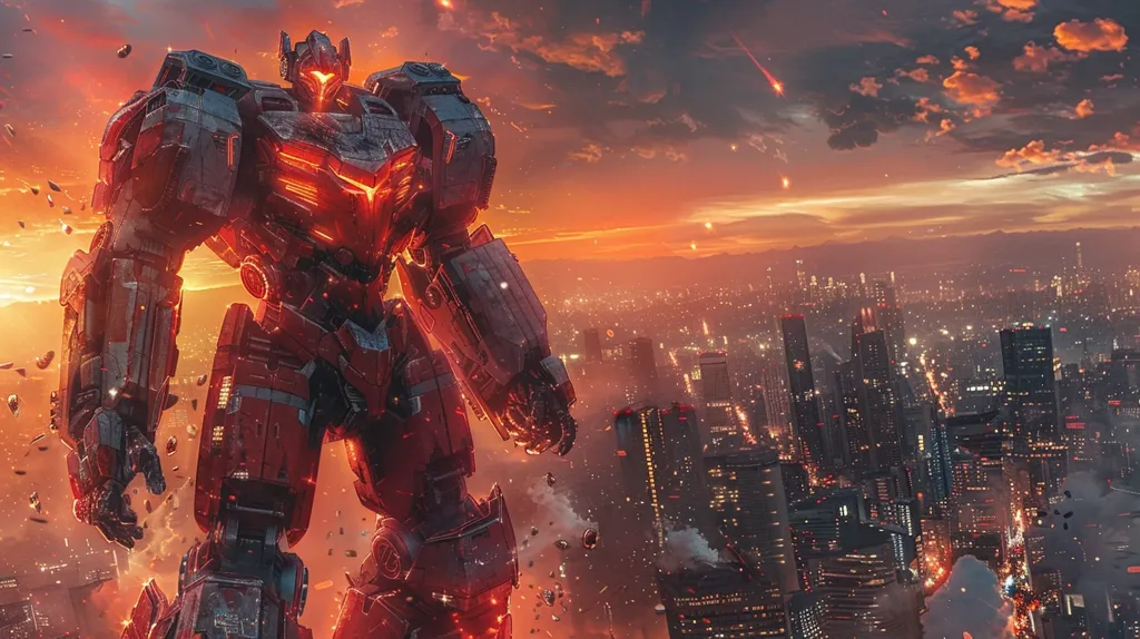 A giant red robot stands tall against a cityscape backdrop, its metallic frame gleaming under an orange and red sunset. The robot's face, visible through its helmet, is lit up with an intense red glow. The city below is a grid of lights and buildings, with smoke and explosions filling the air. The scene evokes a sense of impending destruction, a battle between technology and the natural world.  The image is stylized and dramatic, emphasizing the power and scale of the robot.