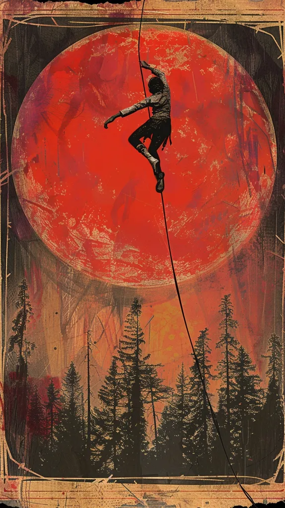 A lone figure, dressed in black, climbs a rope that stretches toward a large, red orb, reminiscent of a blood moon. The background is a dark forest, silhouetted against the fiery glow. The image has a vintage, distressed aesthetic, creating a sense of mystery and unease.