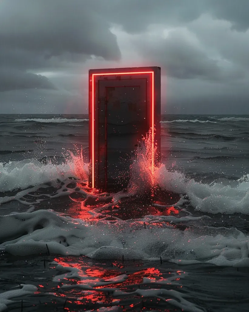 A dark, rectangular doorway with a bright red neon outline stands partially submerged in a churning ocean. The waves crash against the door, creating a spray of white foam. The sky above is a moody gray, with clouds casting long shadows on the water. The scene has a surreal and otherworldly quality, hinting at a passage to another realm.