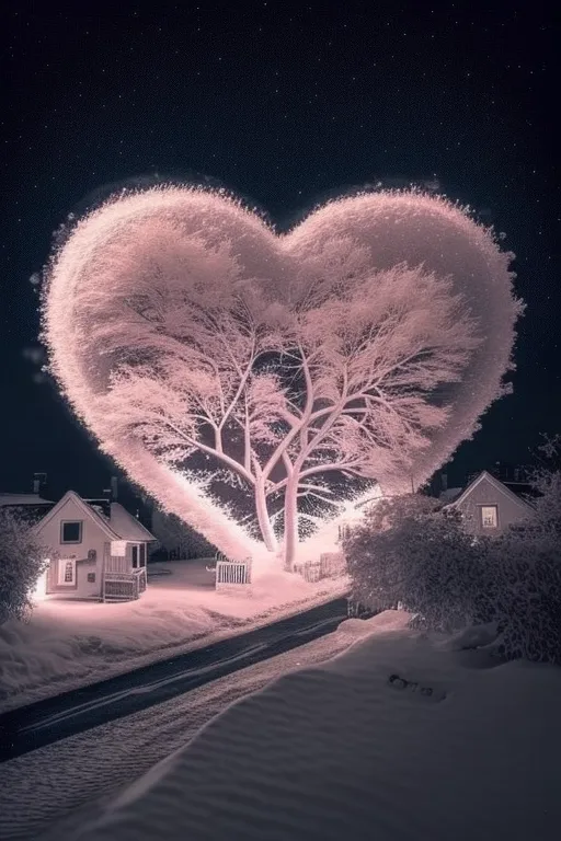 A snow-covered street winds its way through a wintery scene. Two small houses are nestled amongst snow-laden trees, while a large tree stands in the center, its branches glowing with a soft, pink light, forming the shape of a heart. The night sky above is sprinkled with stars. The overall scene evokes a sense of peace and tranquility.