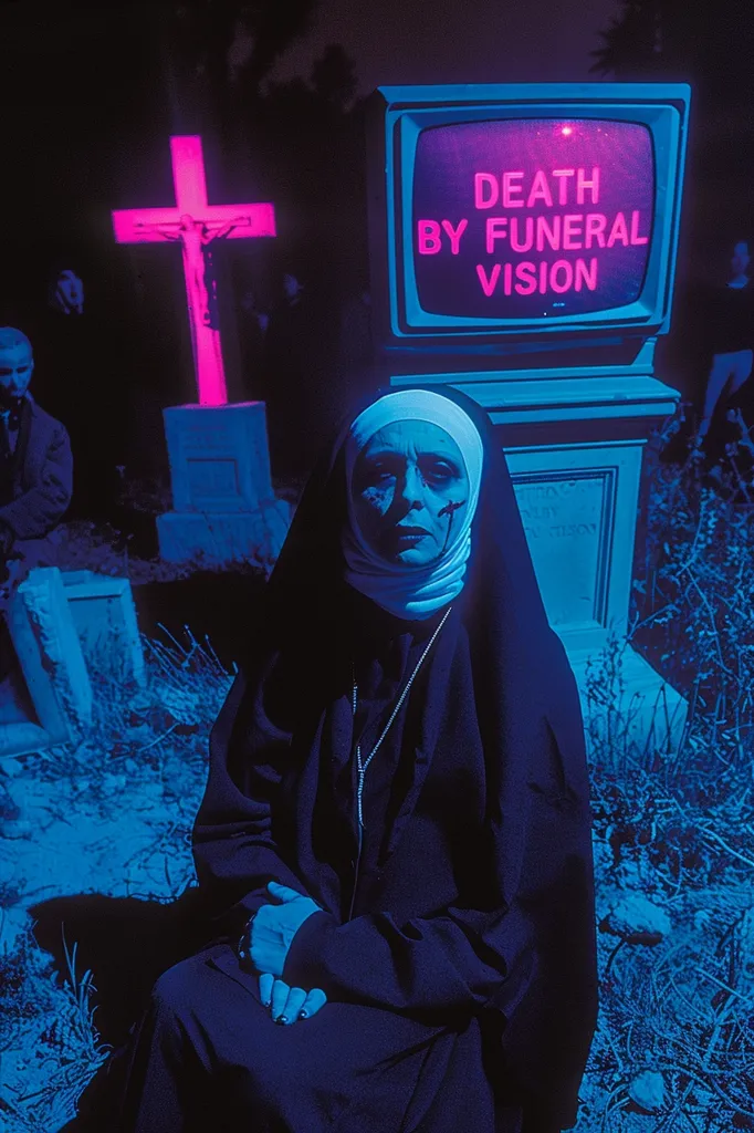 A woman dressed as a nun sits in a graveyard, illuminated by a neon blue light. A large, glowing pink cross stands behind her, and a television screen with the words "Death By Funeral Vision" sits on a tombstone. The woman has a serious expression and appears to be in a state of contemplation. The scene is eerie and unsettling, creating a sense of mystery and foreboding.