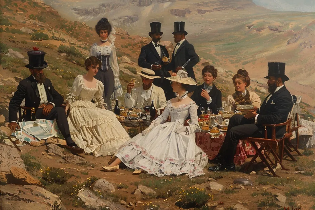 A group of people dressed in elegant 19th century attire are gathered for a picnic in a rocky, mountainous landscape. The group includes a woman in a white dress, a man in a black suit, a woman in a brown dress, and a man in a white shirt. The woman in the white dress is the center of attention, and she appears to be the host of the picnic. The other people are gathered around her, chatting and enjoying the beautiful scenery.