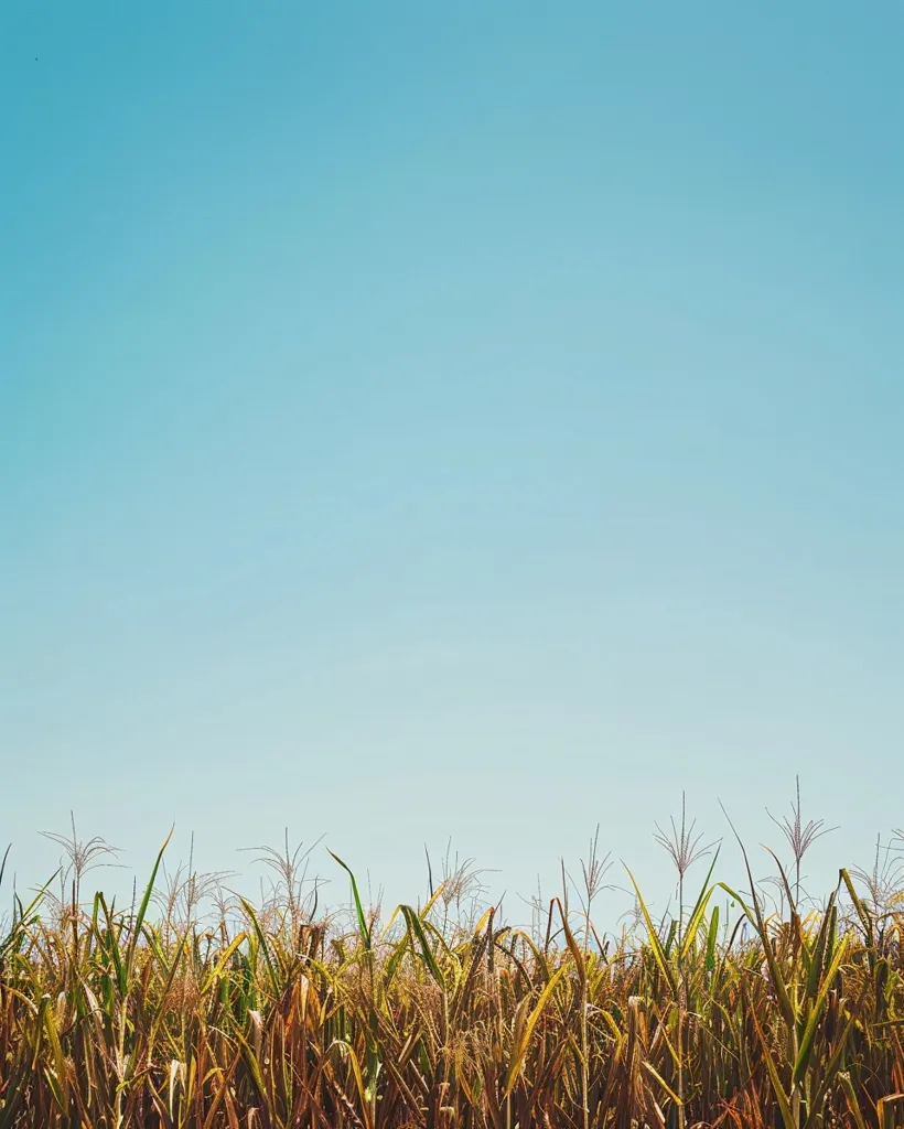 The image shows a field of tall grass with a clear blue sky above. The grass is a mix of brown and green, with some stalks having feathery tops. The sky is a vibrant blue, with no clouds visible. The image has a simple composition, with the grass filling the bottom half of the frame and the sky taking up the top half. The image evokes a sense of peace and tranquility.