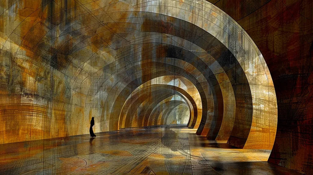 A solitary figure stands at the entrance of a long, arched tunnel. The walls are made of textured, weathered concrete, painted in shades of brown, yellow, and gray. The tunnel stretches into the distance, disappearing into a hazy light. The image has a dreamlike quality, suggesting a journey of exploration and discovery.  The light at the end of the tunnel hints at a brighter future, while the figure's small size emphasizes the vastness of the unknown.