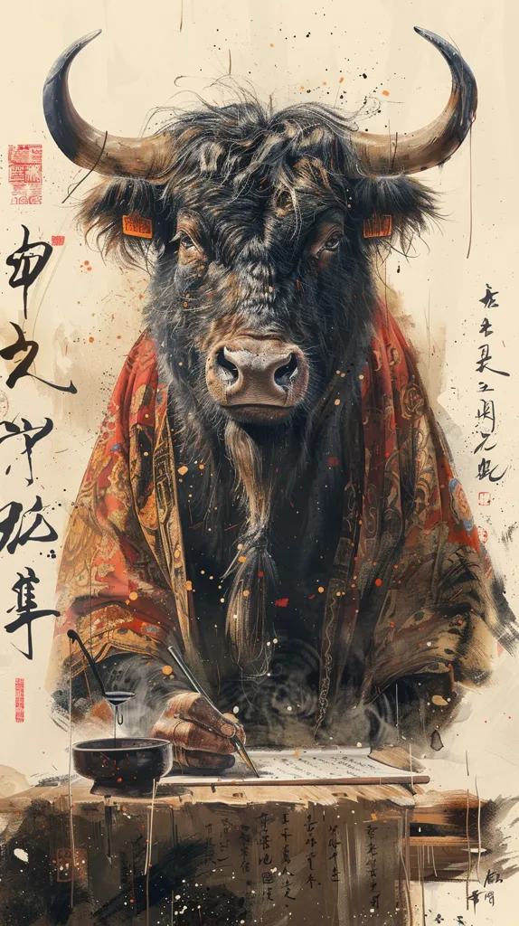 A black bull with long horns, wearing a red and gold patterned robe, is writing on a parchment scroll with a brush. The image is painted in a watercolor style, with splashes of ink and paint. Chinese characters are visible around the bull. The scene evokes a sense of ancient wisdom and tradition.