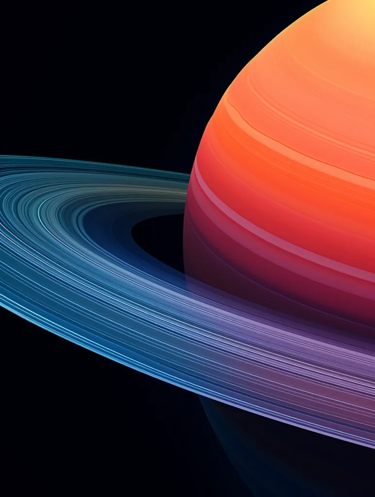The image depicts a celestial body, likely a planet, with a prominent ring system. The planet is a vibrant orange-red with subtle bands of color, while the rings are a cool blue-purple, appearing to be composed of numerous thin, parallel bands. The background is a deep black, creating a stark contrast and emphasizing the celestial scene. The image has a minimalist, almost abstract quality.