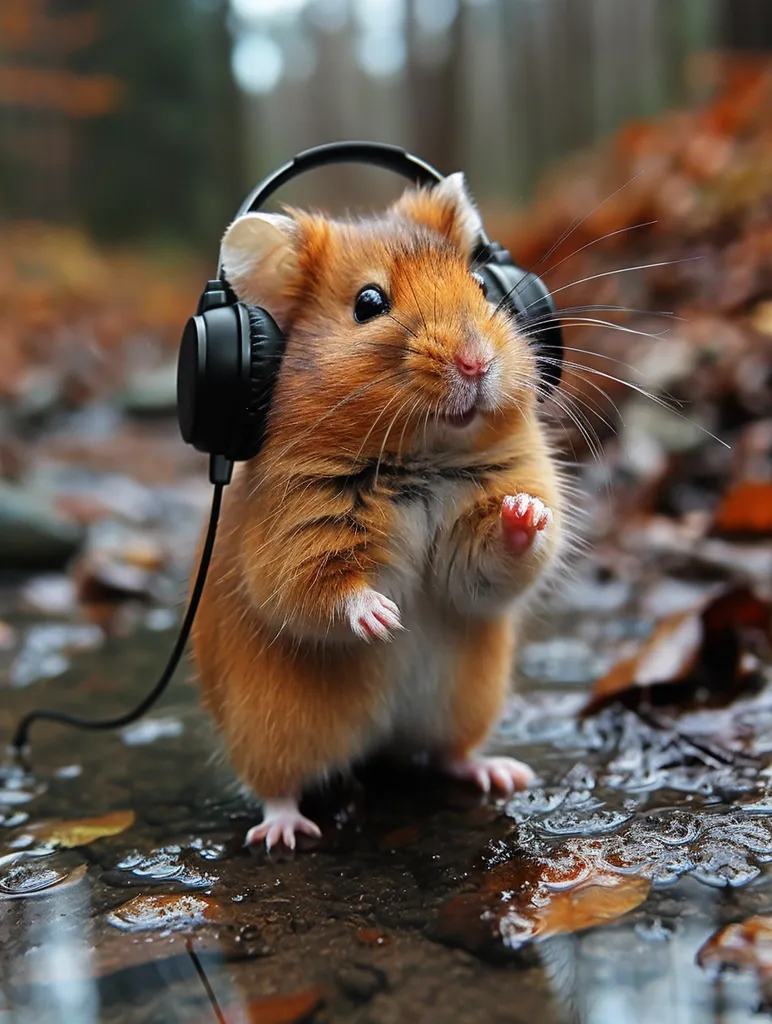 A cute hamster wearing black headphones stands in a puddle of water, surrounded by fallen leaves. It has a fluffy brown coat and its eyes are looking up. It looks like it is enjoying the music, with its mouth slightly open and one paw raised. The image is playful and heartwarming, capturing a moment of joy in nature.