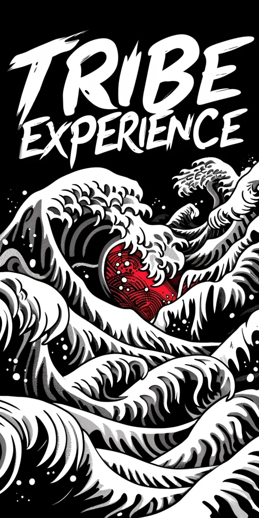 The image features a stylized design with the text "Tribe Experience" in bold white letters at the top. Below, a series of large waves are depicted in a black and white graphic style, creating a dynamic and powerful visual. The waves are drawn with intricate detail, capturing their movement and force. A splash of red color appears in the center, hinting at energy and passion.  The overall image evokes a sense of strength, unity, and the power of nature.