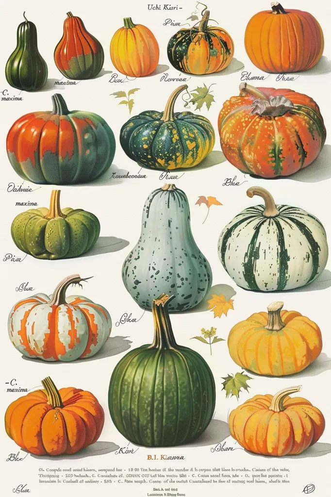 The image shows a variety of pumpkins and squashes, with their names and scientific classifications labelled beneath them. The pumpkins are arranged in a grid pattern, and they are all depicted in detail with their unique colors and textures. The image is a visual guide to the different types of pumpkins and squashes that are commonly grown.  The image is likely from a vintage botanical guide.