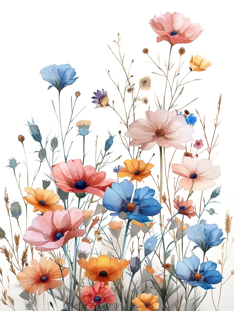 A watercolor painting depicting a bouquet of wildflowers in a variety of colors, including pink, blue, yellow, and orange. The flowers are arranged in a loose and natural way, with some flowers in full bloom and others just starting to open. The painting is set against a white background, which helps to highlight the colors of the flowers. The overall effect is one of delicate beauty and tranquility.