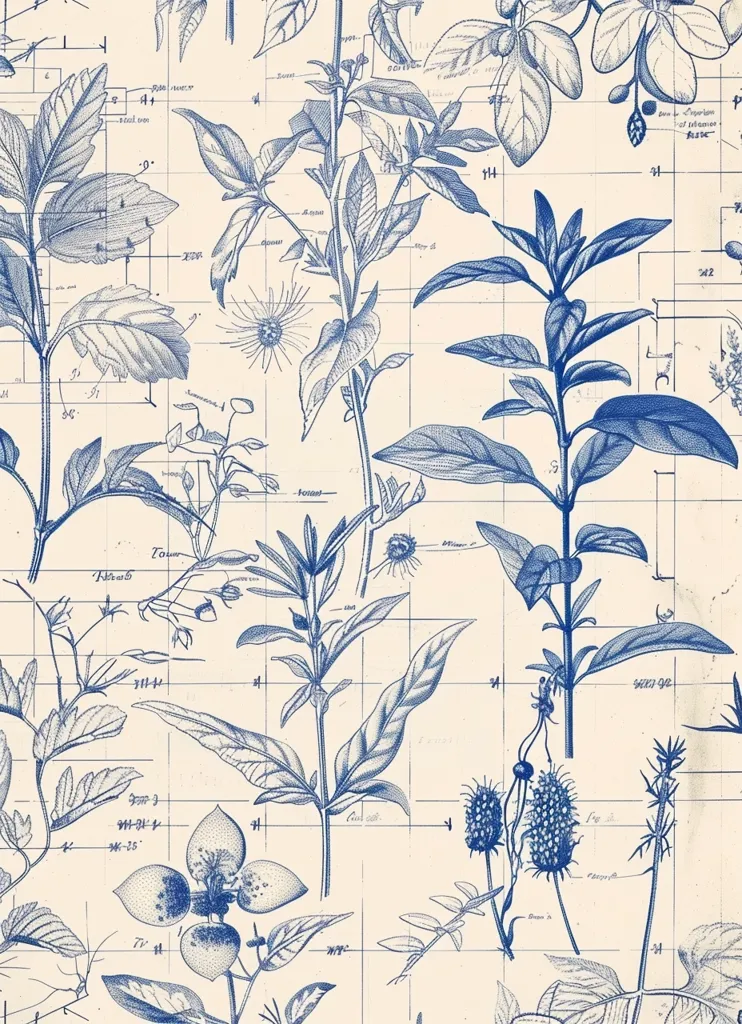 The image shows a botanical illustration of various plants, drawn in a blue ink on a cream-colored background.  The plants are meticulously detailed and arranged in a grid pattern, creating a sense of scientific observation. The image evokes a vintage aesthetic, reminiscent of old botany textbooks. Each plant is labeled with its scientific name and features, showcasing the intricate beauty of nature.  The fine lines and delicate details add a sense of elegance and sophistication to the illustration.