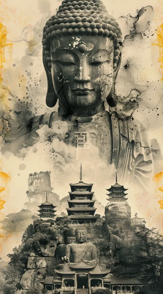 The image features a serene and spiritual scene. A large, weathered Buddha statue is the focal point, with a peaceful expression and closed eyes. He appears to be meditating, with his hands resting in his lap. Below him, amidst a misty landscape, stand several pagodas, their roofs tiered and intricate. The image is rendered in a traditional Japanese woodblock print style, with bold lines and muted colors, creating an atmosphere of tranquility and contemplation.