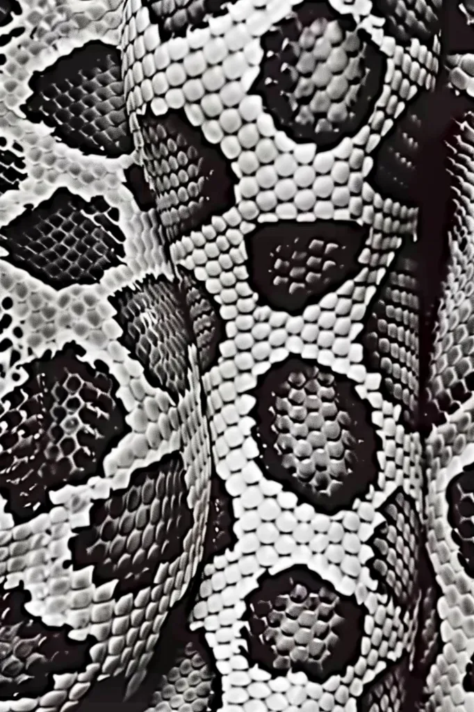 The image shows a close-up of a snake's skin, rendered in black and white. The scales are hexagonal and arranged in a pattern of light and dark, creating a mesmerizing texture. The intricate detail of the snake's scales is highlighted in the image, showcasing the beauty and complexity of nature.