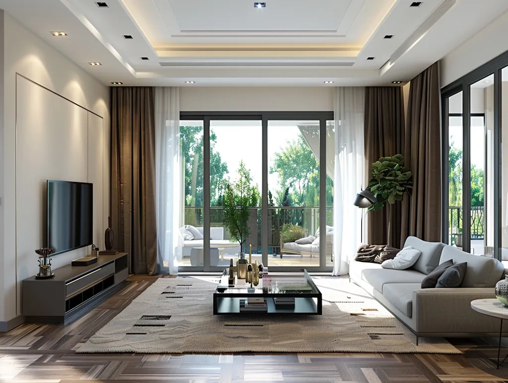 A modern living room with a large, flat-screen television mounted on the wall. The room is decorated in neutral colors with brown curtains and a white couch. The large windows offer a view of the lush green outdoors. The room is illuminated by recessed lighting and a floor lamp. There is a black coffee table in the center of the room and an area rug under it.