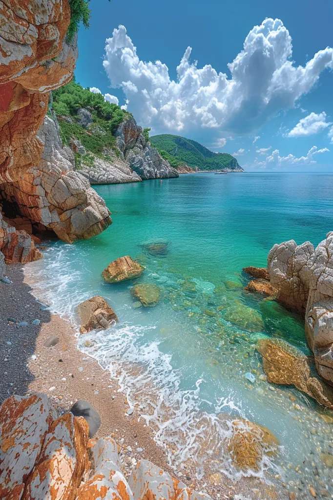 The image shows a beautiful, secluded cove. The turquoise water laps gently against the sandy shore.  Large rocks line the beach, and a rocky cliff covered in green vegetation rises up behind the beach.  Fluffy white clouds drift across a bright blue sky above.  The scene is peaceful and serene.
