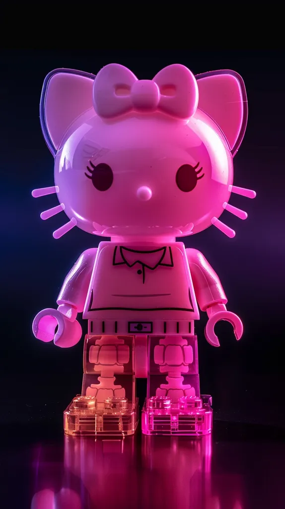 A pink Hello Kitty toy with a transparent body and glowing pink and orange accents stands on a black surface. The toy has a pink bow on its head and a white shirt. The image has a dark background, with only the toy and its reflection illuminated. The lighting creates a dramatic and whimsical effect.