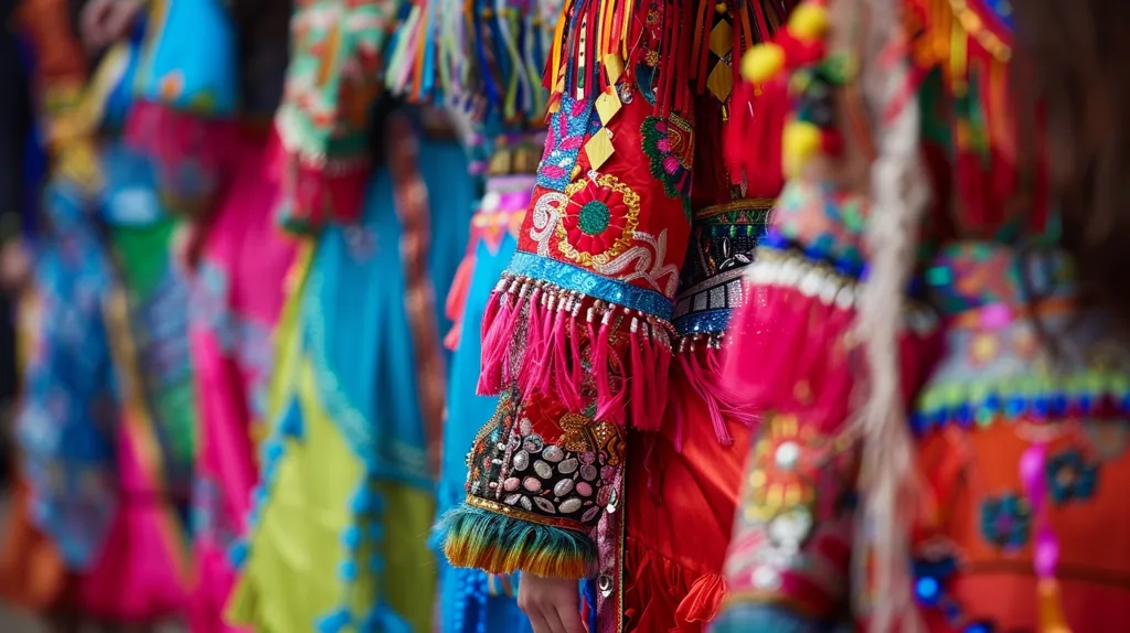 The image shows a group of people wearing brightly colored, ornate clothing.  The focus is on the brightly colored embroidered jackets with tassels and beads.  The people are standing close together, with their arms and hands hidden by the fabric.  The background is blurred, emphasizing the details of the costumes.  The image evokes a sense of celebration, tradition, and cultural richness.