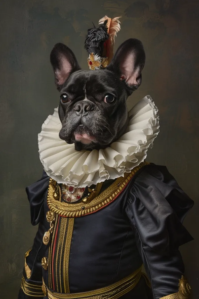 A black French bulldog is dressed in a black velvet and gold-trimmed outfit, complete with a large white ruffled collar and a crown. The dog has a serious expression on its face, and its eyes are looking directly at the viewer. The background is a dark green, creating a dramatic and regal atmosphere.  The image is a humorous and creative take on traditional portraiture.
