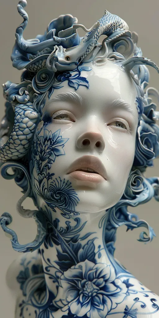 A porcelain sculpture of a woman's head, adorned with intricate blue and white floral patterns. Her face is delicately painted with a pale complexion and closed eyes. The sculpture's hair is styled as a wave of curling blue and white tendrils, incorporating a stylized fish design. The overall effect is one of intricate beauty and fragility.