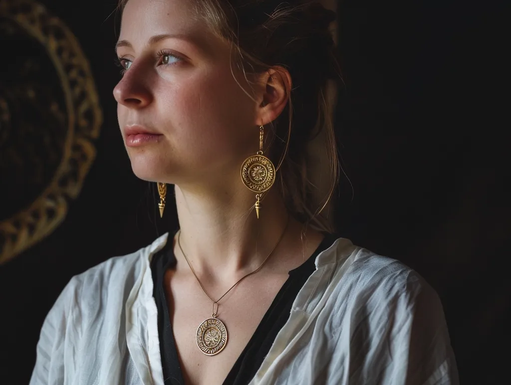 A young woman with long brown hair wears a white shirt and a gold pendant necklace. Her right ear is adorned with a large, ornate gold earring. She gazes off to the side, her expression thoughtful. The background is dark, highlighting her delicate features and the intricate details of her jewelry. The image evokes a sense of mystery and quiet contemplation.