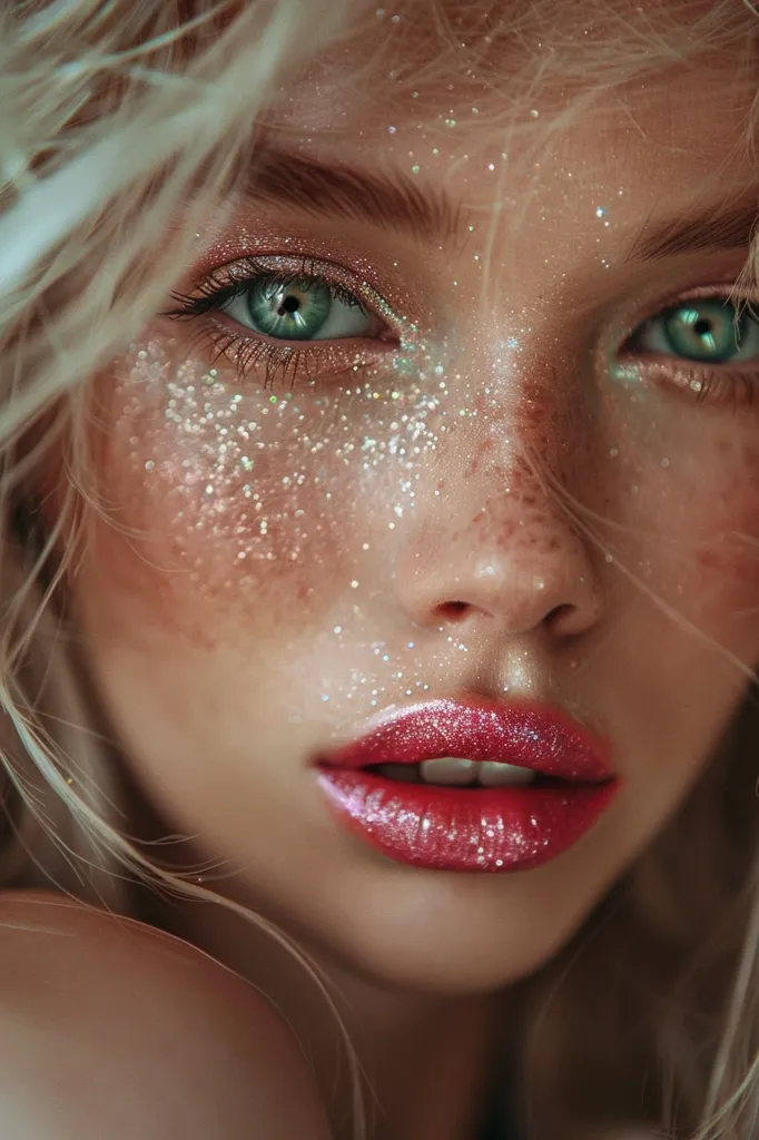 A close-up image of a woman with fair skin and blonde hair. Her eyes are a bright green, and she has a soft pink lip with a layer of glitter. Her face is covered in sparkly, light-catching glitter. She appears to be wearing makeup.  The photo is likely a portrait or a fashion image.