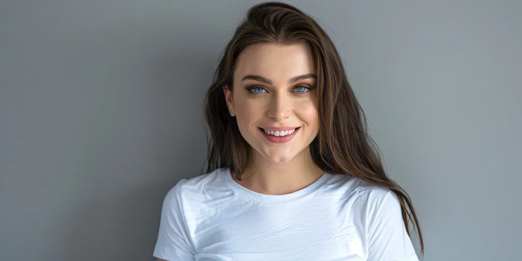 A young woman with long dark hair is smiling brightly at the camera. She is wearing a plain white t-shirt. The background is a simple gray wall.  Her blue eyes and white teeth are prominent in the image.  She appears friendly and confident.  The lighting is even and illuminates her face.