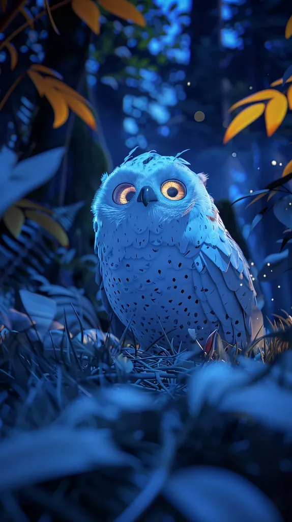 A snowy owl with large, bright yellow eyes sits in a nest of twigs and leaves. The owl is looking at the camera with a curious expression. The background is blurred and dark, creating a sense of mystery and magic. The owl's white feathers stand out against the dark background.  The image has a dreamy, whimsical quality.  The scene is lit by a soft, blue light.  The overall mood is one of peace and tranquility.
