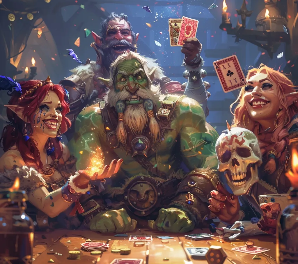 A group of fantastical creatures, including a goblin, an elf, an ogre, and a skeletal figure, are gathered around a table playing cards. They are all smiling and appear to be having a good time. There are confetti and other celebratory decorations in the air. The scene is set in a dimly lit tavern with candles and other flickering lights.  The table is covered in cards and chips.  The ogre has won the hand and is holding up winning cards.