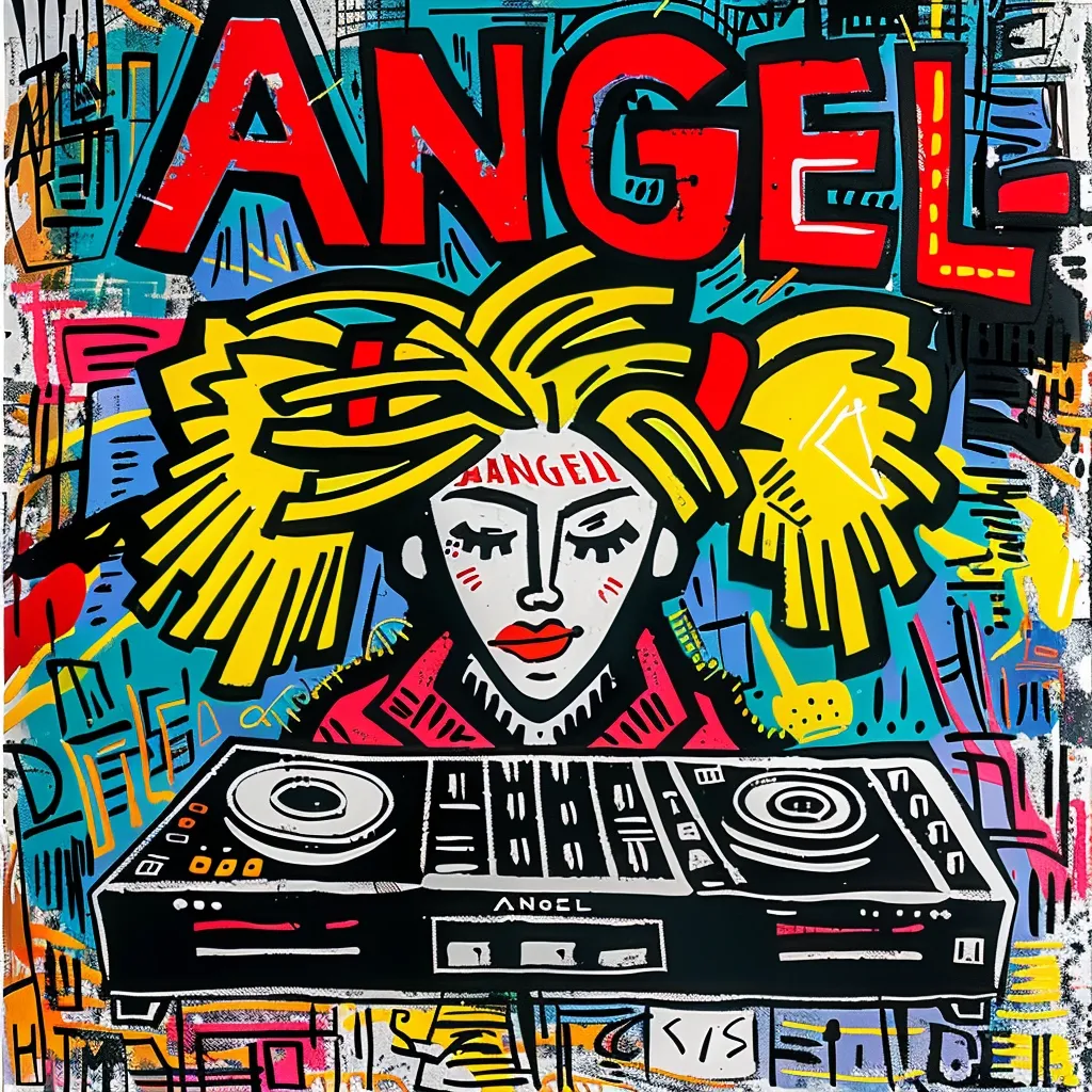 A colorful, abstract portrait of a woman with a DJ mixer in front of her. The word "ANGEL" is in large, red letters at the top of the image, and the woman's face is drawn in a stylized, cartoonish style. The background is filled with a chaotic array of geometric shapes and lines in various colors. The overall effect is one of energy and excitement.