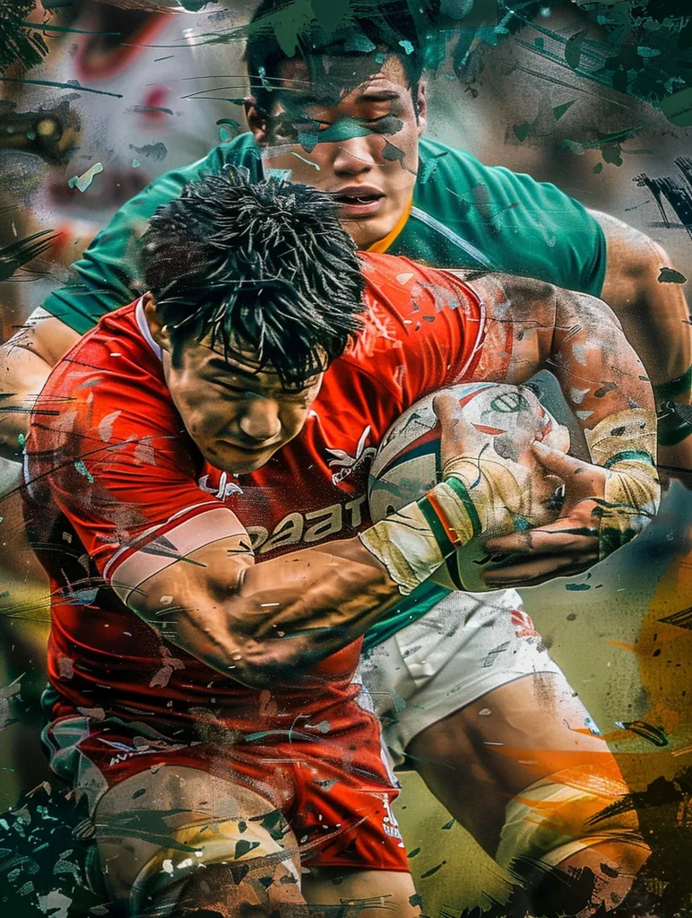 The image depicts two rugby players in a close-up shot, focusing on the player in red who is in possession of the ball. The player in green is attempting to tackle him. The image is stylized with a grunge-like effect, adding a dynamic and energetic feel.  The focused expression on both players' faces highlights the intensity of the game.