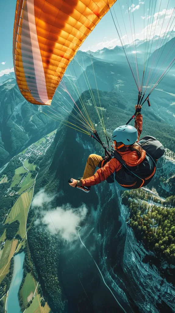 A paraglider soars through the air above a mountain range. The sky is bright and clear with patches of clouds. The paraglider is attached to a large orange and white parachute, and the person is wearing a blue helmet and red jacket. The landscape below is a beautiful mix of green forests, fields, and winding rivers. The view from above is breathtaking.