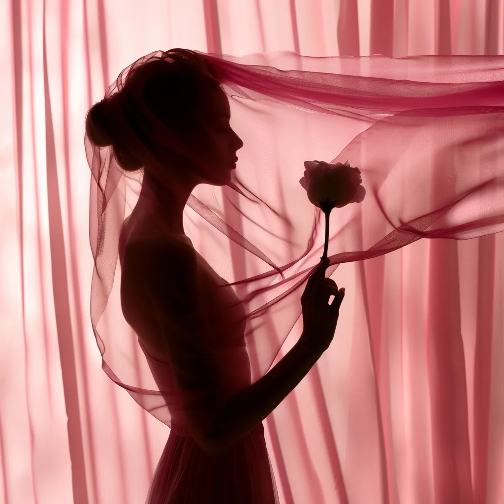 The silhouette of a woman stands before a pink curtain, her face partially hidden by a flowing piece of sheer fabric. She holds a single white flower, its delicate petals slightly out of focus. The soft light creates a romantic and ethereal atmosphere, highlighting the feminine grace of the figure.
