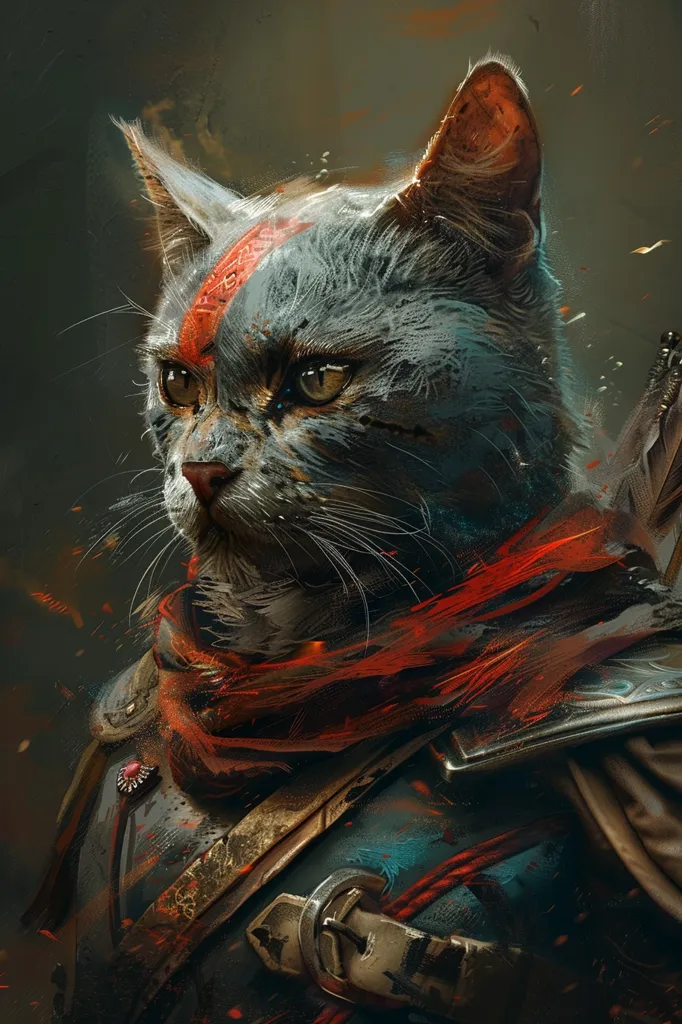 A gray cat with a red stripe across its face is dressed in a warrior's garb. The cat has a serious expression and is wearing a red scarf and a dark blue armor with gold accents. The image is painted in a realistic style with a focus on the cat's details. The background is a dark, blurred, and textured.  The overall tone is one of power and strength.