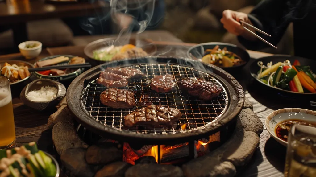 A table set with a Japanese-style BBQ, featuring a steaming hot grill with pieces of meat sizzling over the flames. There are several side dishes, including rice, vegetables, and a bowl of dipping sauce. The image captures a moment of social dining with friends, enjoying a delicious meal together.