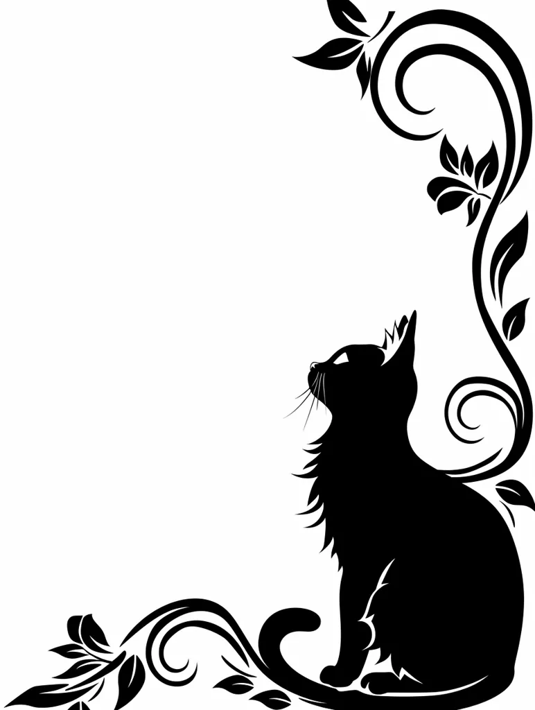 The image is a black and white silhouette of a cat sitting on a bed of stylized floral vines. The cat is looking up and to the right, with its tail curled around its body. The floral vines are flowing and intricate, creating a sense of movement and elegance. The overall effect is one of grace and beauty, with the cat and the vines complementing each other perfectly. The image is set against a plain white background, which helps to highlight the details of the cat and the vines.