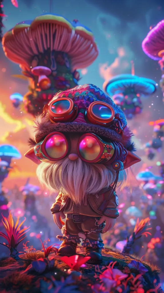 The image shows a cartoon character with a long white beard, wearing goggles and a colorful hat, standing in a vibrant, whimsical forest. Surrounded by glowing, bioluminescent mushrooms and plants, the character gazes down at the glowing flora below. The background features a soft, dreamlike glow, creating a surreal and enchanting atmosphere.