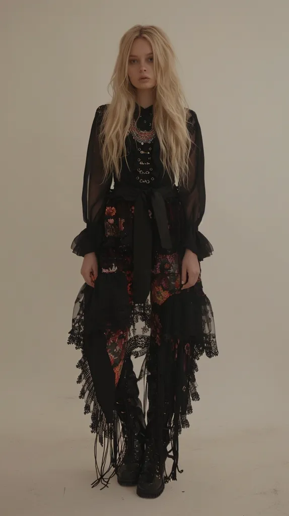 A young woman with long blonde hair is wearing a black sheer dress with floral details and lace trimming. The dress has a black belt and a black lace overlay that extends to the floor. She is wearing black boots with laces. The background is a light beige. The woman has a serious expression on her face.