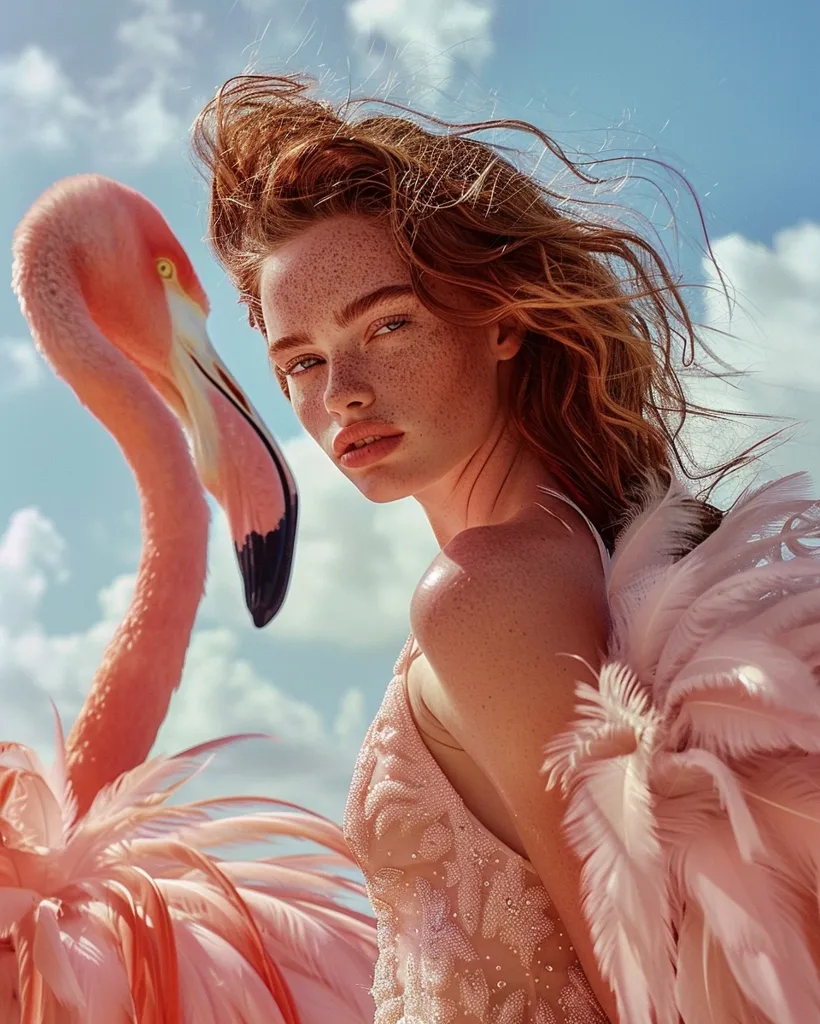 A woman with long, red hair and freckles looks intensely at the camera. She is wearing a pink dress adorned with delicate beads and feathers. The dress is reminiscent of a flamingo's plumage, with the bird positioned to the left of the frame. The background is a soft, blue sky with fluffy white clouds.  The overall tone of the image is ethereal and romantic.