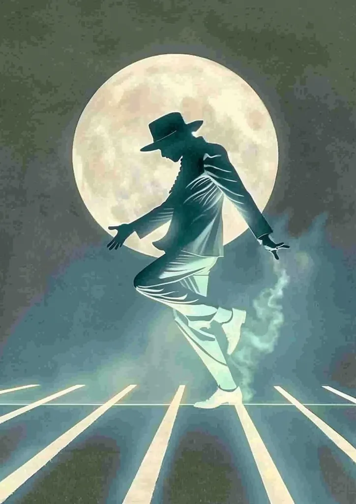 The image depicts a silhouette of a man wearing a hat and a suit, performing a dance move. He appears to be in mid-air, his foot extended and his body leaning forward, while a large full moon shines brightly behind him. The man is standing on a surface with white lines, and the entire scene is shrouded in a misty, ethereal glow.