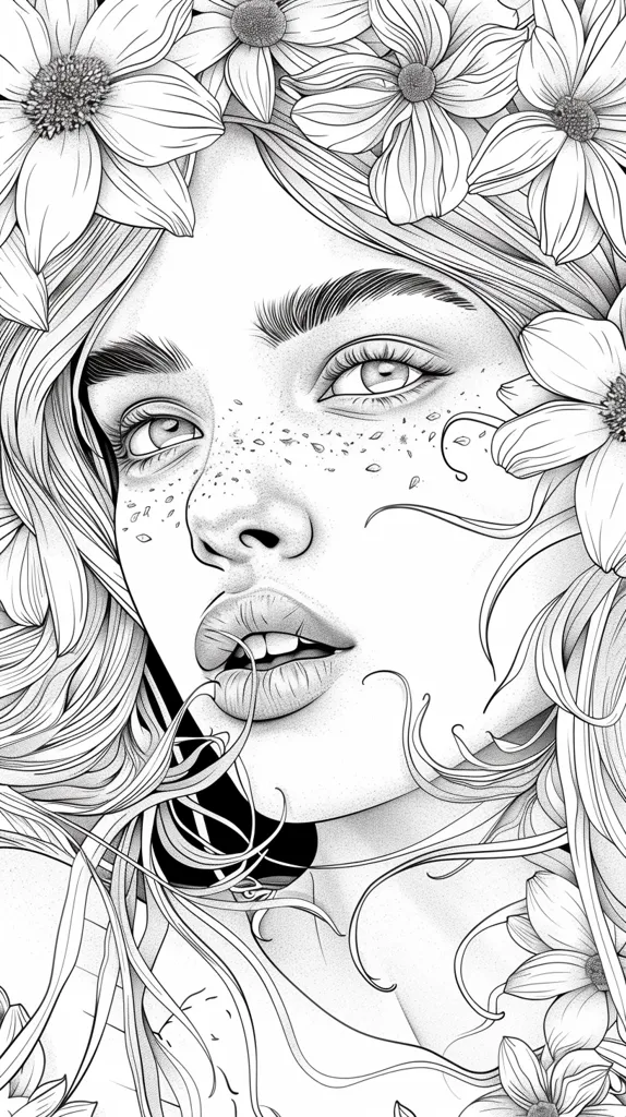 The image is a black and white drawing of a woman's face. She has long flowing hair, a delicate face with freckles, and large, expressive eyes. Flowers are intertwined in her hair, creating a beautiful and intricate design. The drawing is highly detailed and shows the artist's skill in capturing the beauty and complexity of human features.