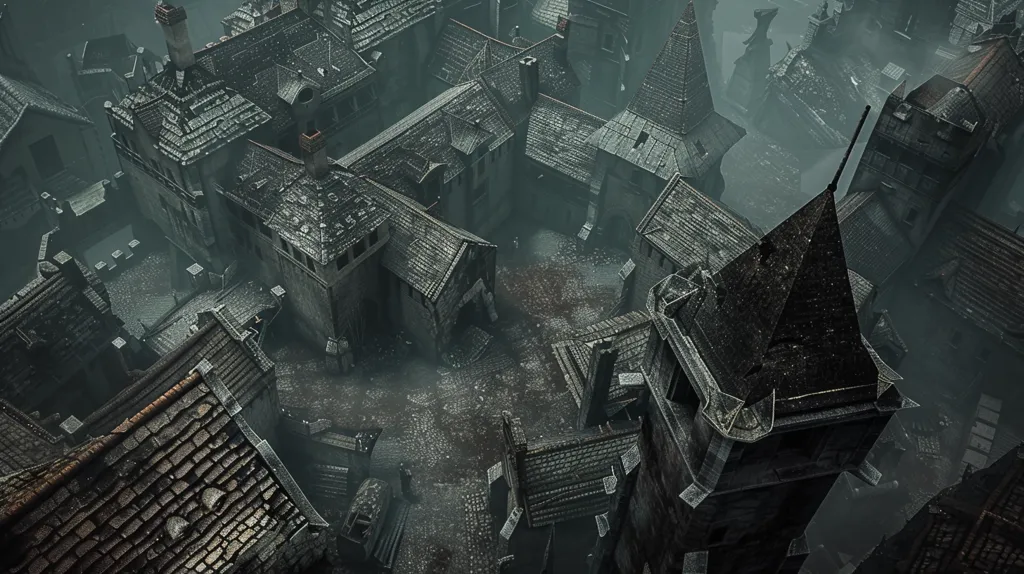 The image is a bird's eye view of a medieval town shrouded in mist. The buildings are old and gray, with steep roofs and narrow streets. The mist adds to the eerie atmosphere, creating a sense of mystery and isolation. The scene is reminiscent of a fairytale setting, where magic and danger might lurk around every corner.