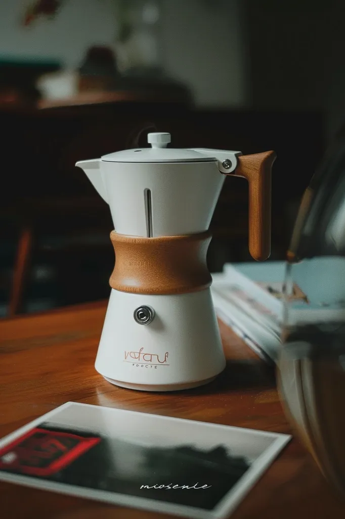 A white moka pot with a wooden handle sits on a wooden table.  The pot is branded with the word "vafari" and the word "product". It is  resting on a stack of books, with a postcard with the word "miosenle" visible on the table. The scene is simple and elegant, with a focus on the moka pot and its minimalist design.