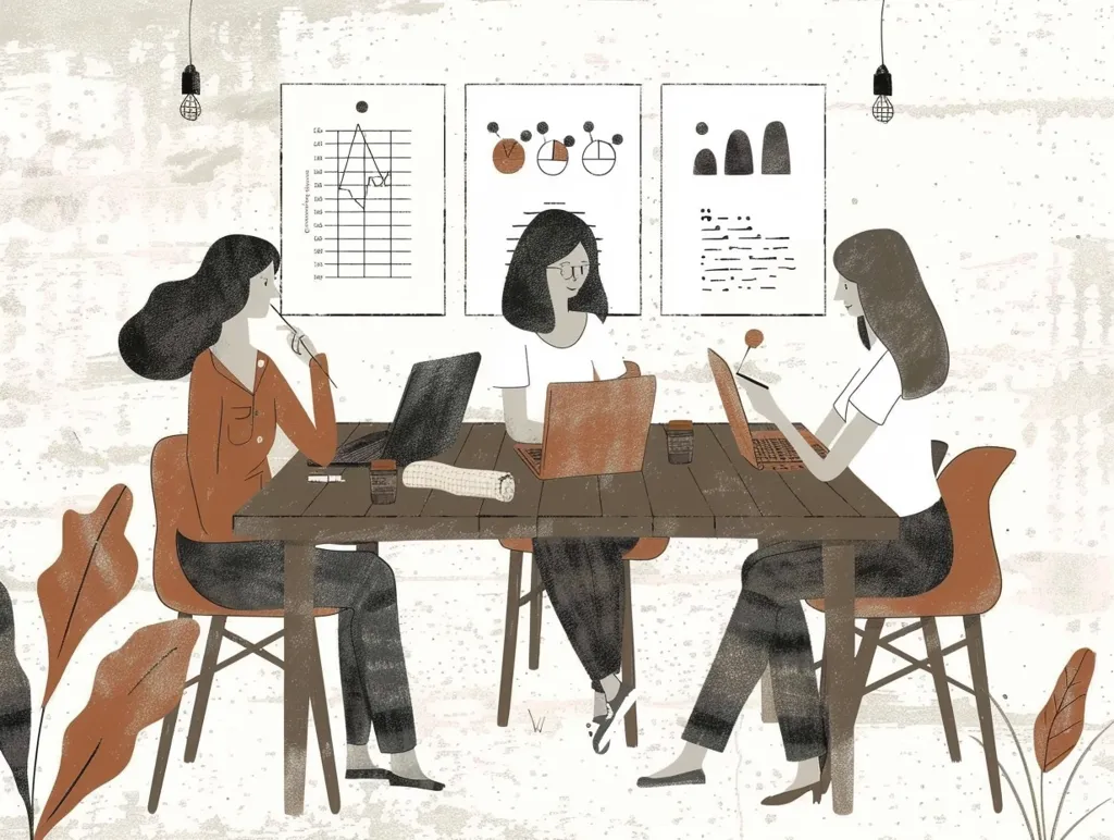 Three women sit around a wooden table, working on their laptops. They are in a minimalist office space with a white brick wall and a few graphs hanging on the wall. The woman on the left is deep in thought, the woman in the middle is focusing on her work, and the woman on the right is looking at a tablet. There is a plant in the bottom left corner of the image.  The scene is calm and focused, conveying a sense of teamwork and productivity.