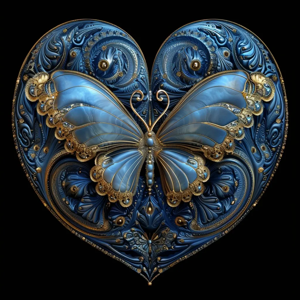 A large, ornate heart-shaped frame in shades of blue and gold features a butterfly in its center. The frame is intricately detailed with swirling patterns and embellishments, creating a luxurious and elegant design. The butterfly's wings are delicately rendered with shimmering accents, adding a touch of magic and whimsy to the composition. The dark background enhances the contrast and highlights the intricate details of the design.