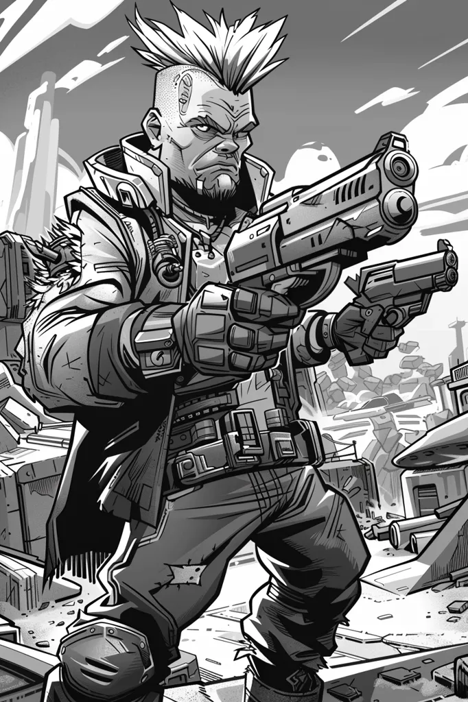 The image is a black and white illustration of a futuristic soldier, wearing a leather jacket and holding a futuristic gun in his right hand. The soldier is standing in a destroyed city, debris and rubble around him. He looks tough and determined, his expression stern. The illustration is done in a comic book style, with bold lines and strong shadows.