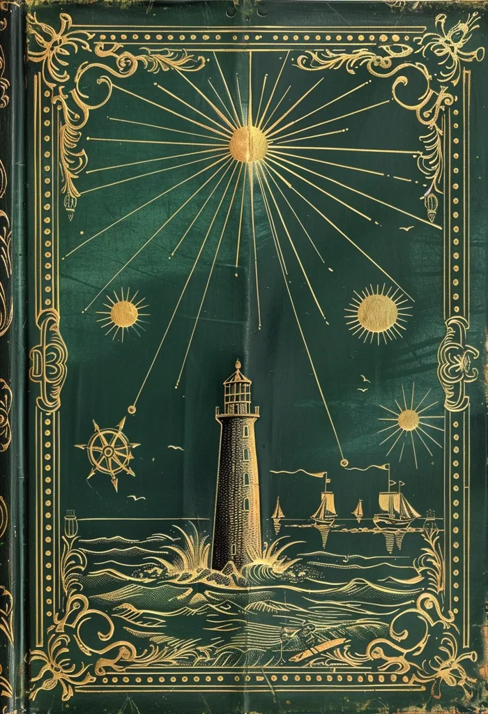 A vintage green book cover with gold detailing. The central image is a lighthouse surrounded by water and boats, with a compass symbol below. The top features a large sun with rays and several smaller suns, all connected by thin gold lines. The ornate border consists of intricate swirls and dots. The design is reminiscent of a nautical chart.