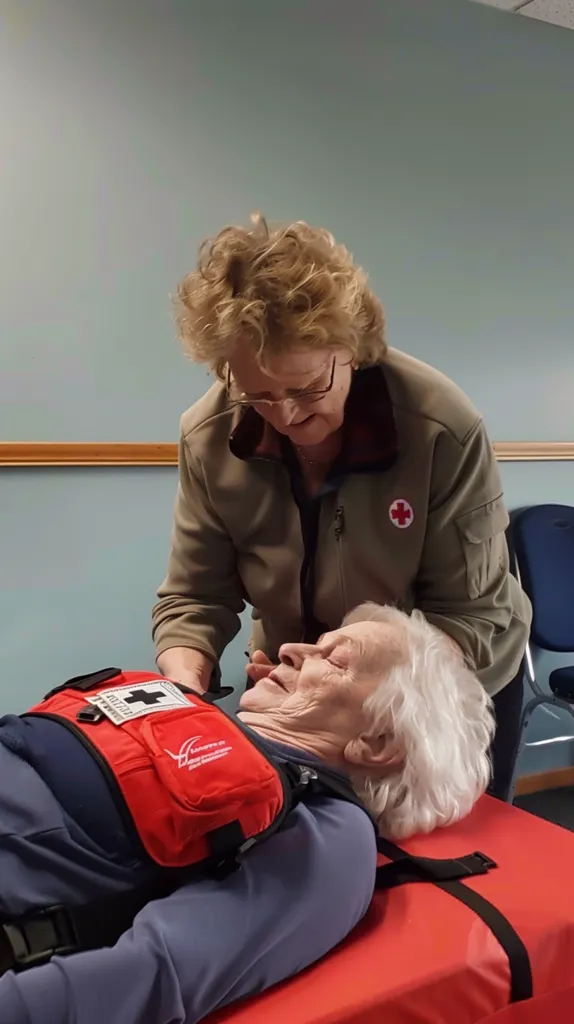 A woman wearing a green jacket with a red cross patch is helping an elderly woman who is lying on a red mat. The elderly woman is wearing a red vest with straps. The woman in green is looking at the elderly woman with concern. They are both in a room with a light blue wall and a wooden floor. There is a chair with a black seat in the background.