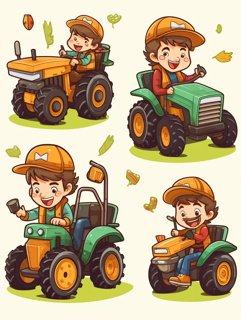 The image shows four cartoon characters driving tractors.  The tractors are all different colors, but each has large wheels and a seat for the driver.  The characters are all smiling and appear to be enjoying themselves.  There are leaves scattered around the tractors, suggesting that the characters are out in nature.