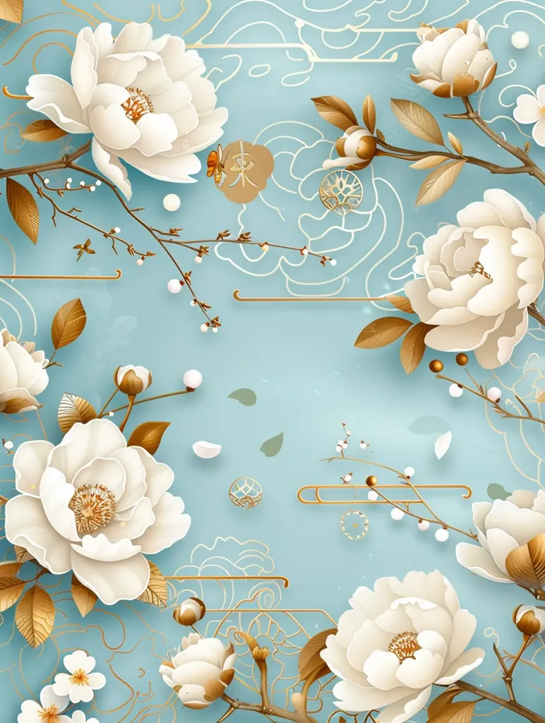 The image features a delicate floral arrangement with white blossoms and golden branches against a pale blue background. The flowers are intricately detailed, with soft petals and golden centers, adding a touch of elegance and sophistication. Delicate gold leaf accents and ornate swirls enhance the overall beauty and create a sense of luxurious refinement. The image evokes a feeling of tranquility and natural beauty.