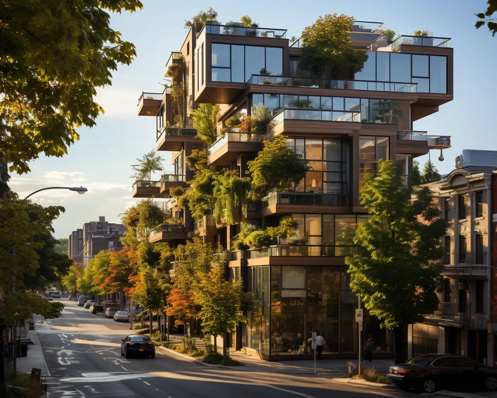 A modern, multi-story building with a unique design featuring large windows, balconies, and lush greenery integrated into its structure. The building is situated on a city street with other buildings in the background, and trees line the sidewalk, adding a touch of natural beauty.  Sunlight bathes the scene, casting long shadows.  The building's modern aesthetic and innovative use of greenery create a striking contrast with the traditional buildings surrounding it.